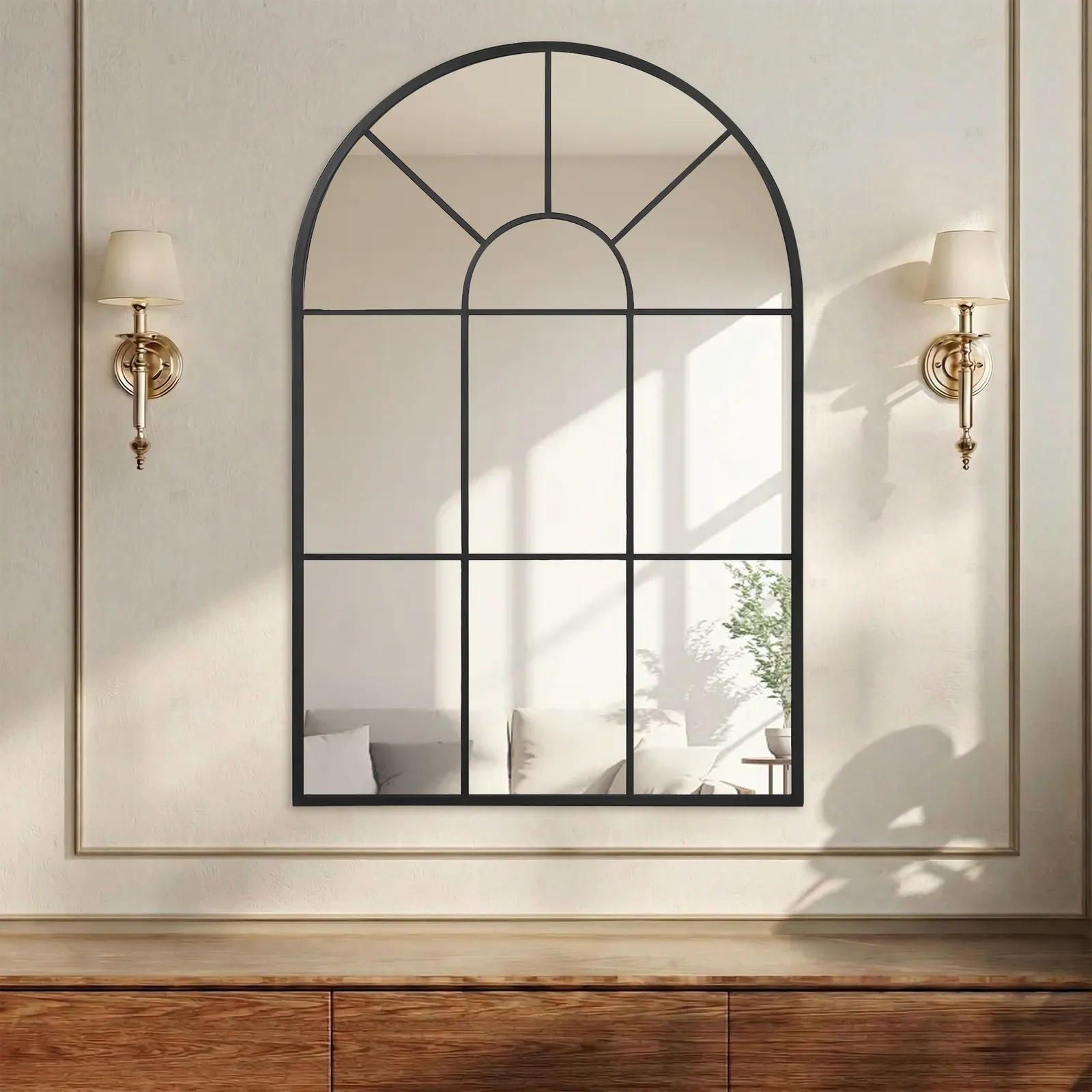 HOMCOM Modern Arched Window Wall Mirror for Living Room Bedroom in Black 2