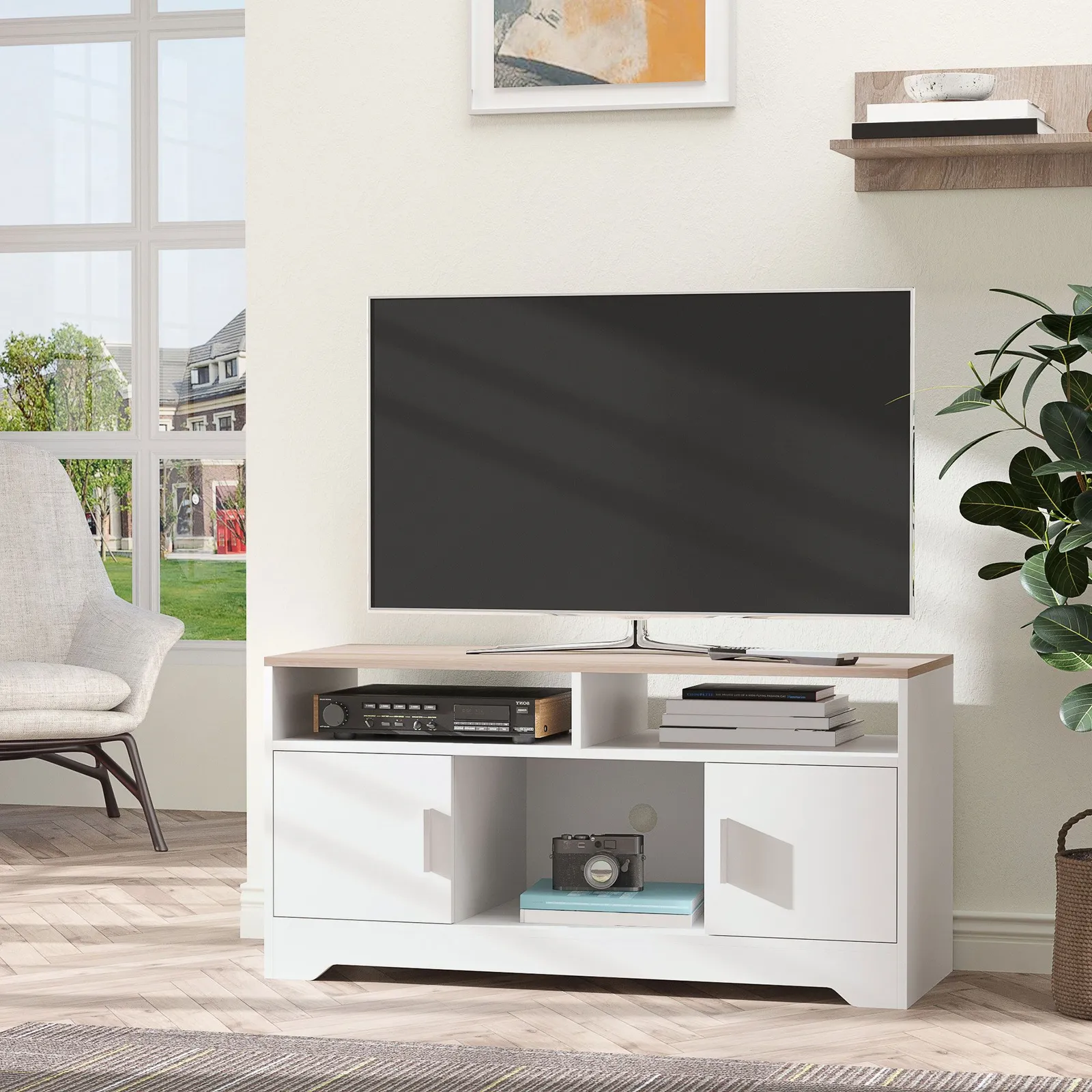 HOMCOM Home Office 42" TV Stand Storage Unit with Cabinets Shelves Table Top in White
