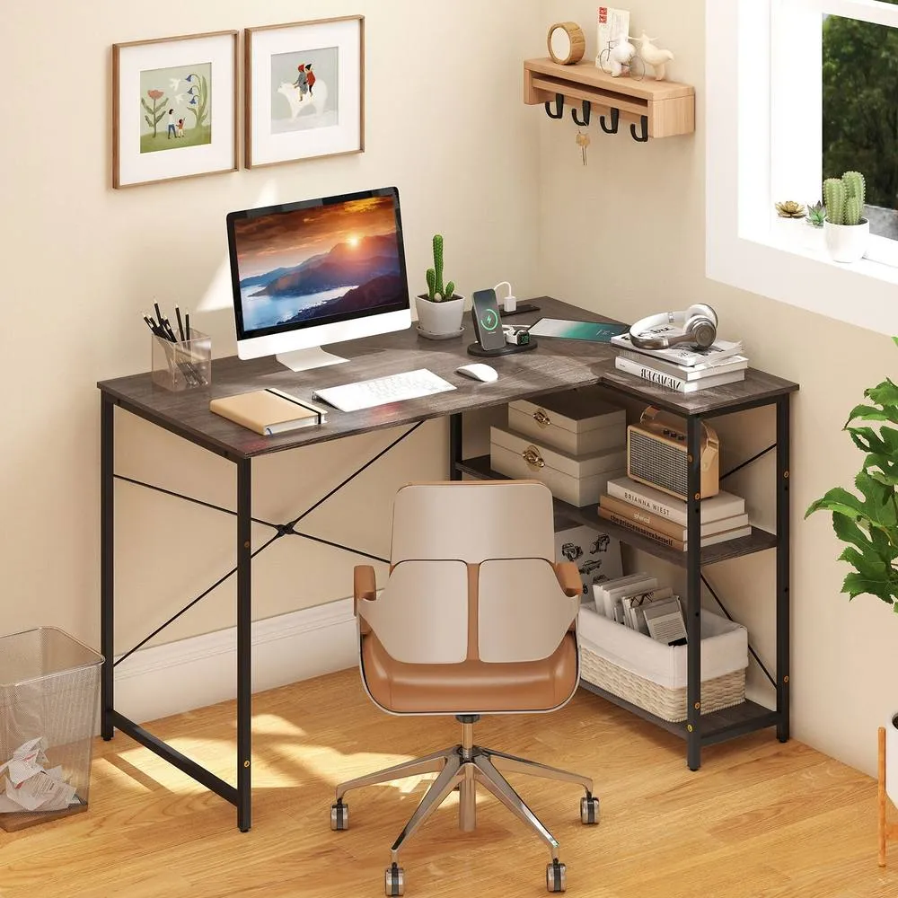 Costway L-shaped Computer Desk w/Power Outlet Workstation w/Reversible Shelves in Grey 3