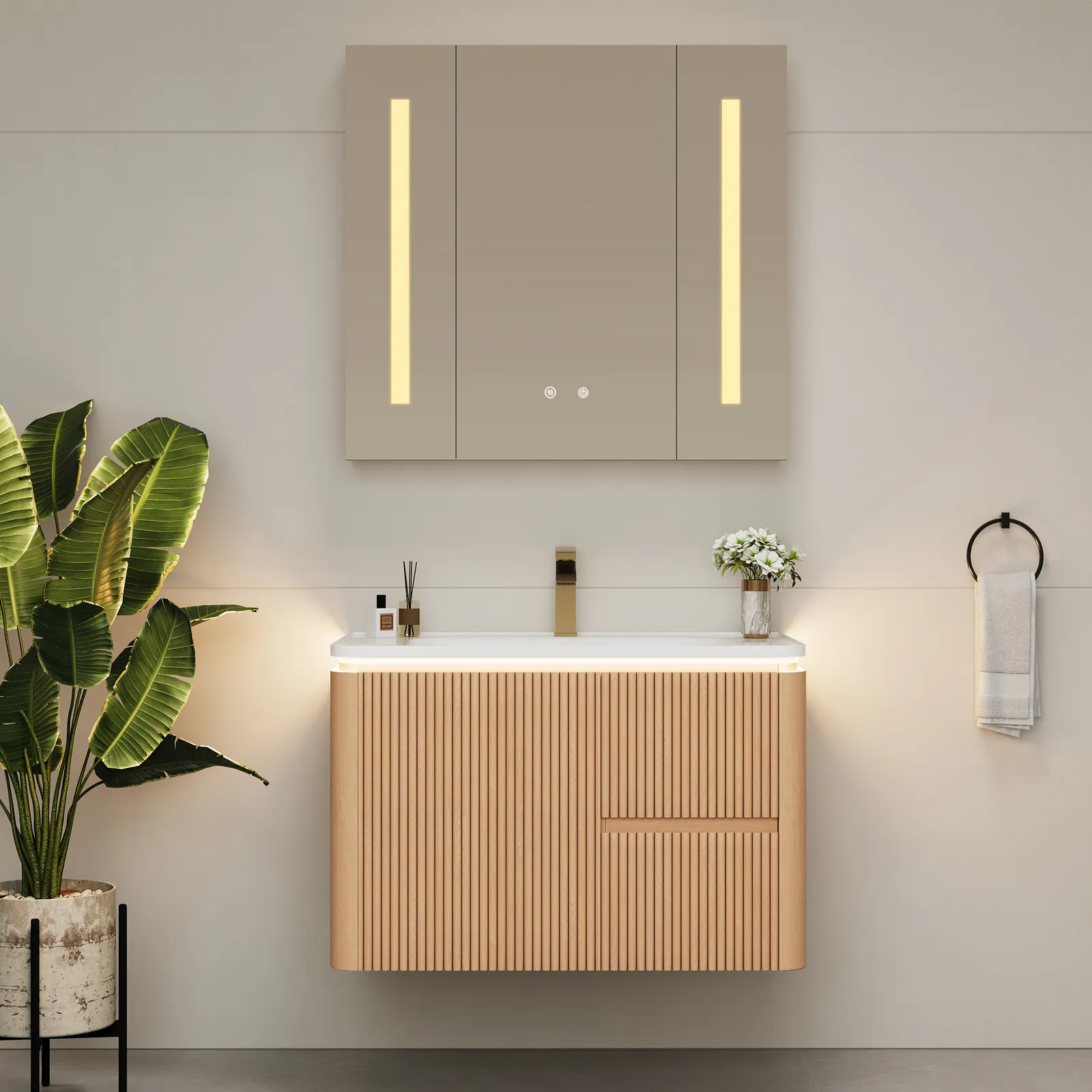 Modern 80 cm Floating Bathroom Vanity with Sink, LED Light, Ample Storage