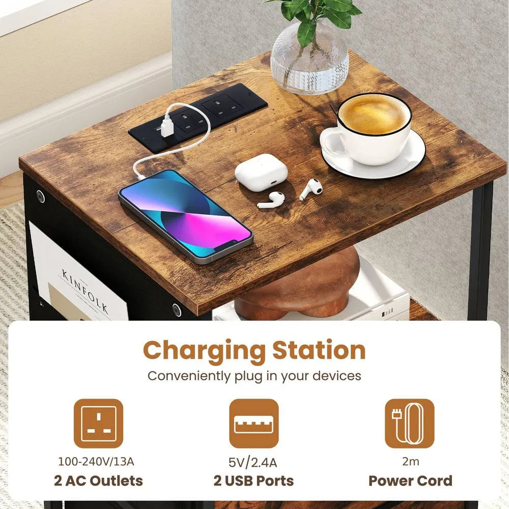 Costway 2 Pcs Bedroom Nightstand End Table with Charging Station-Brown in Brown 3