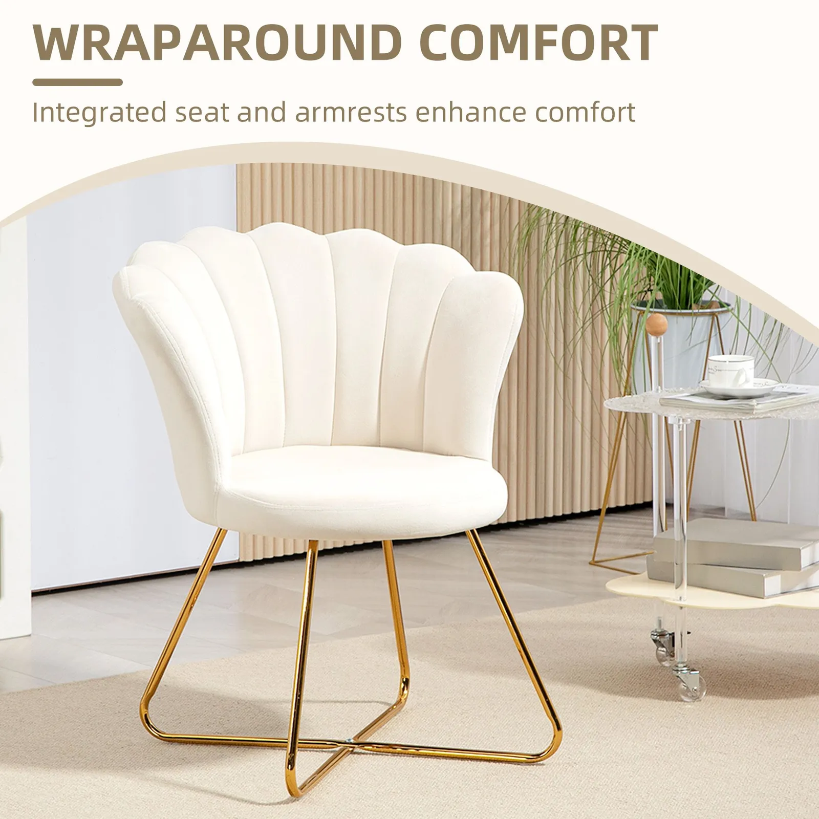 HOMCOM Accent Chair, Velvet Armchair with Lotus Backrest, Steel Legs, Cream 4