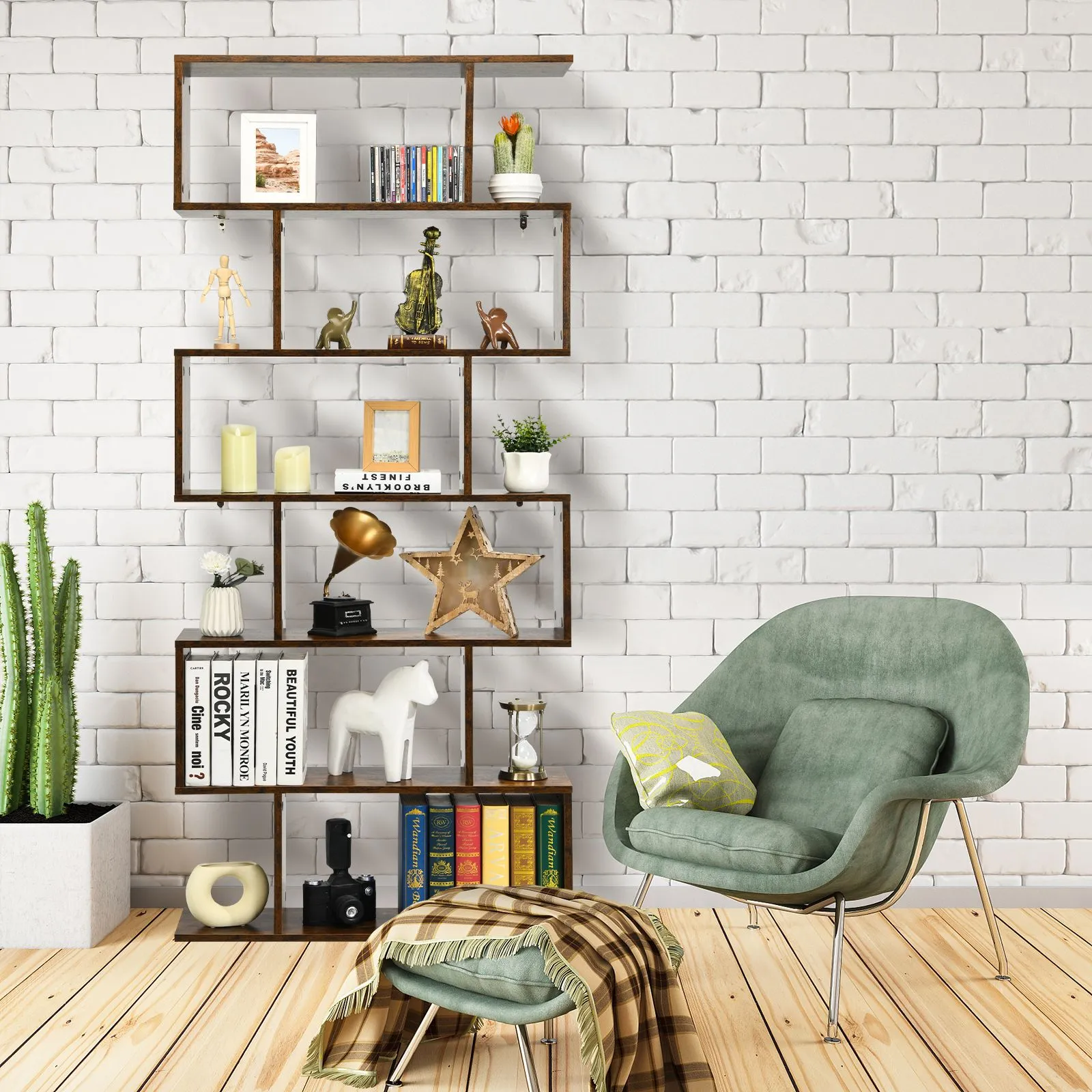 Costway 6-tier Bookcase Industrial S-Shaped Bookshelf Wooden Storage Display Rack in Brown 3