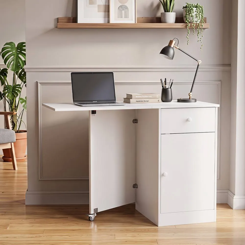 Costway Folding Dining Table Drop Leaf Table w/Drawer in White 4