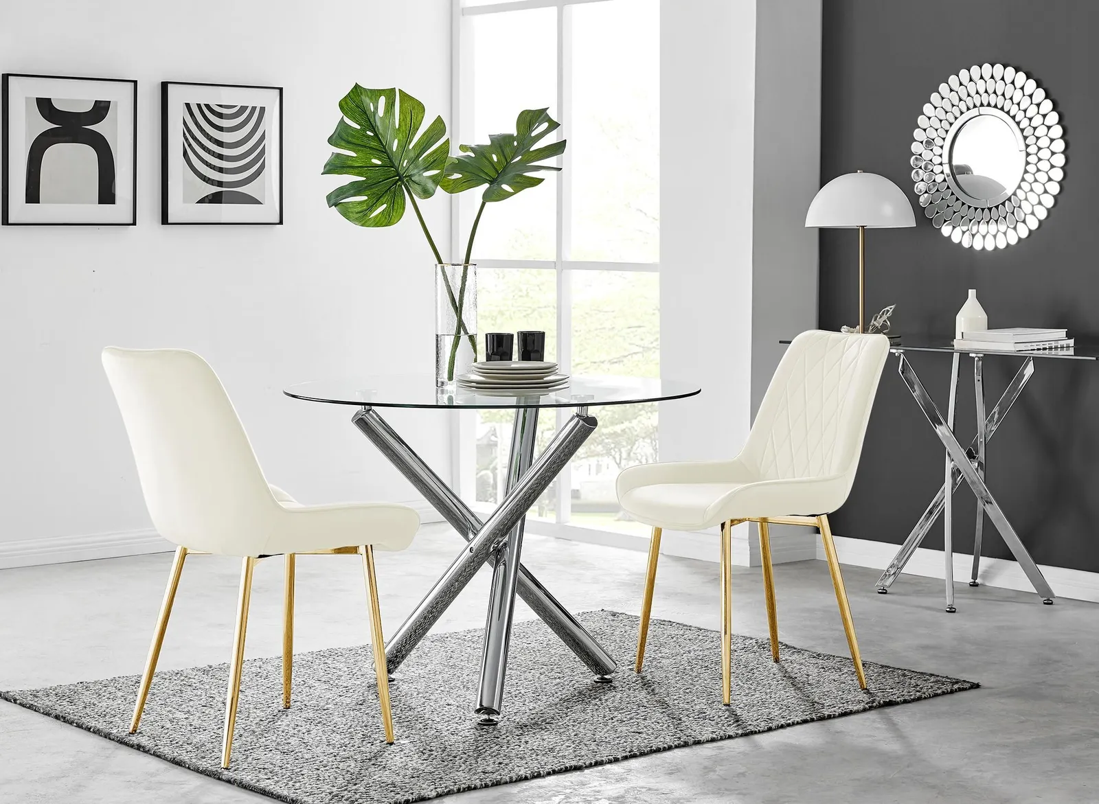 FurnitureboxUK Selina Round Glass Chrome Leg Dining Table & Pesaro Gold Leg Chairs in Cream 1