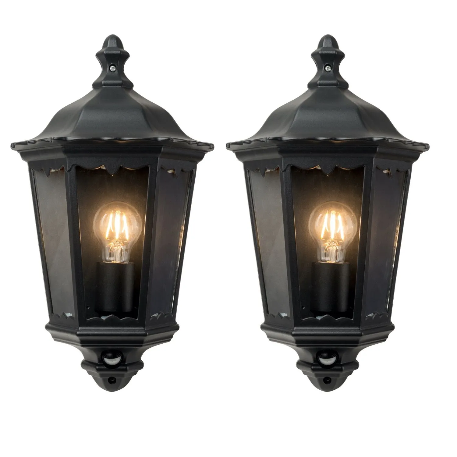 First Choice Lighting Set of 2 Sienna - Black IP44 Half Lantern Wall Lights with PIR Sensor