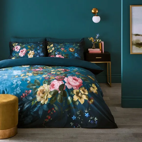 Arabella Blue Floral Luxury Velvet Duvet Cover & Pillowcase Set 1