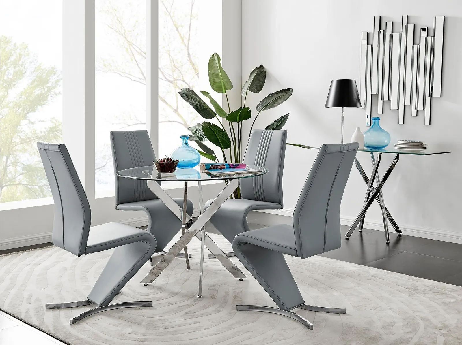 FurnitureboxUK Novara Round 100cm Chrome Metal & Glass Dining Table & 4 Willow Dining Chairs Set in Grey 1