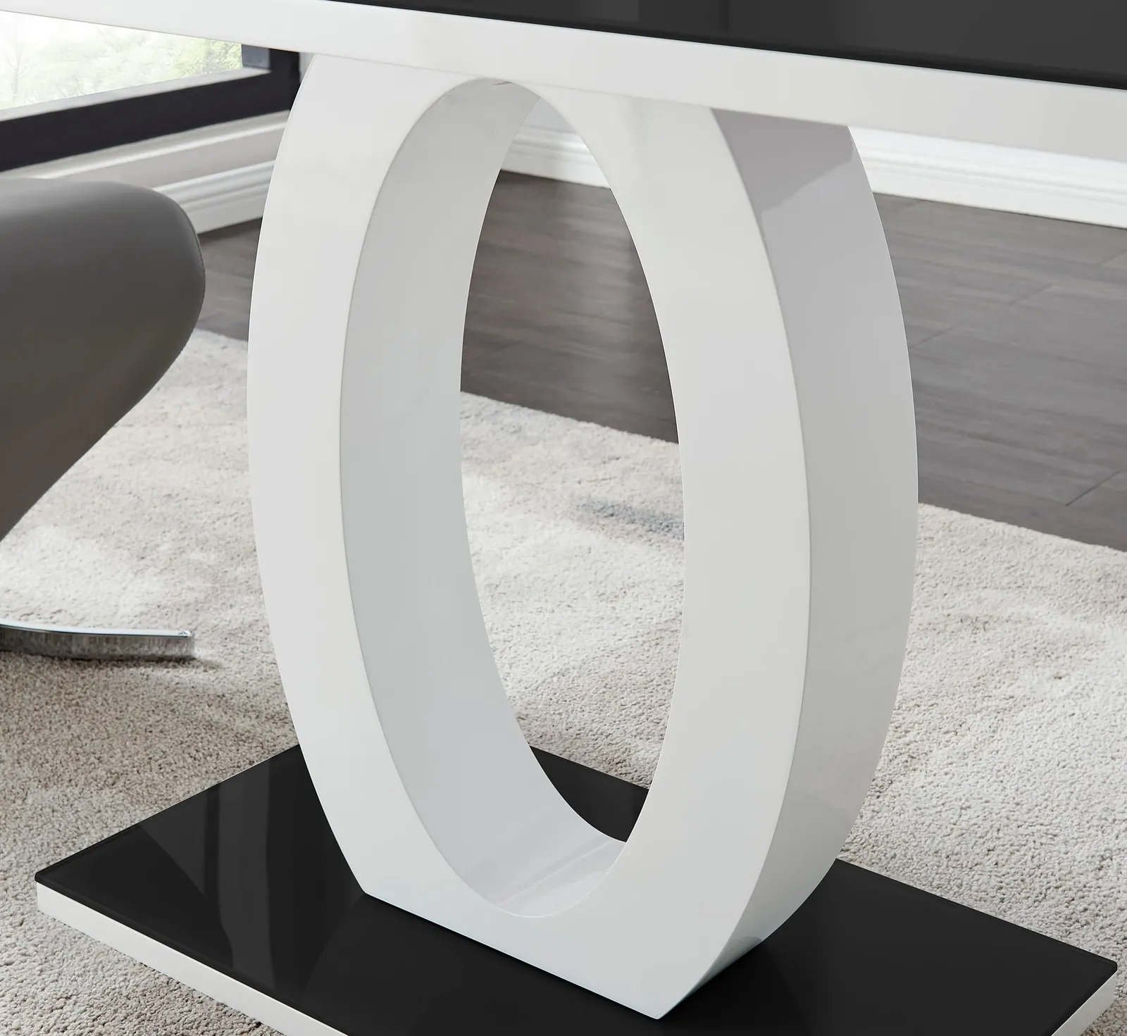 FurnitureboxUK Giovani Rectangular 6 Seat White High Gloss Unique Halo Base Dining Table Black Glass Top 6 Soft Velvet Silver Leg Pesaro Chairs 5