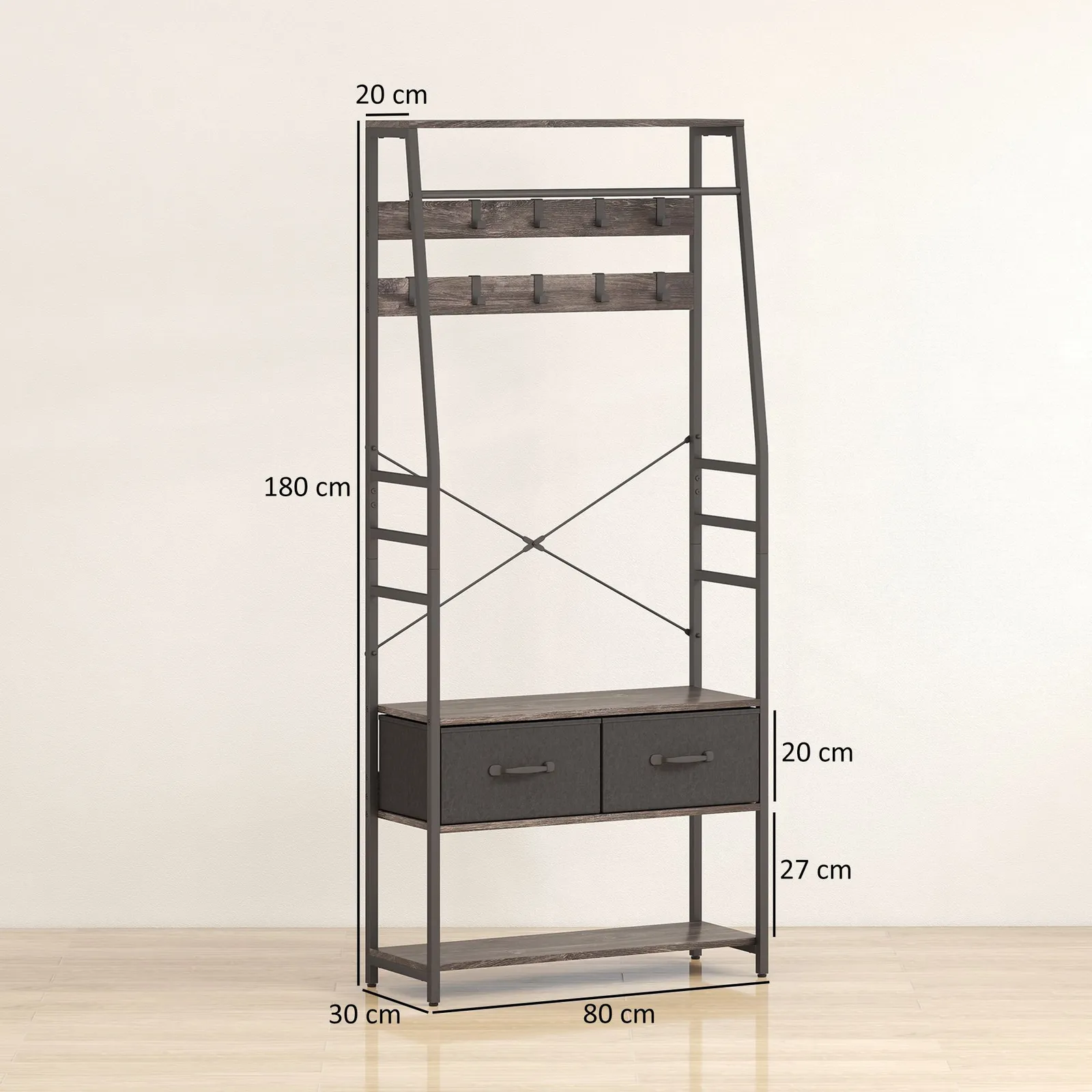 HOMCOM Coat Rack with Shoe Storage, Bench & 10 Hooks in Grey 3