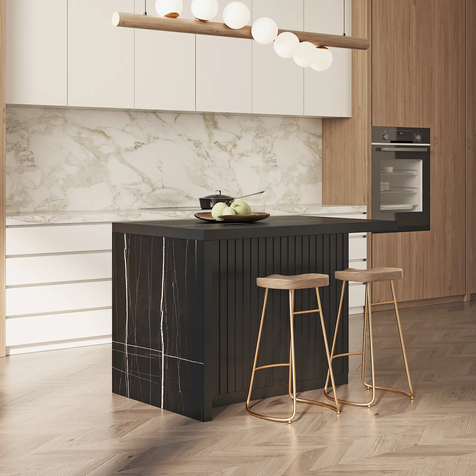 1270 mm Large Black Kitchen Island with Storage Kitchen Cabinet Marble Veneered Top