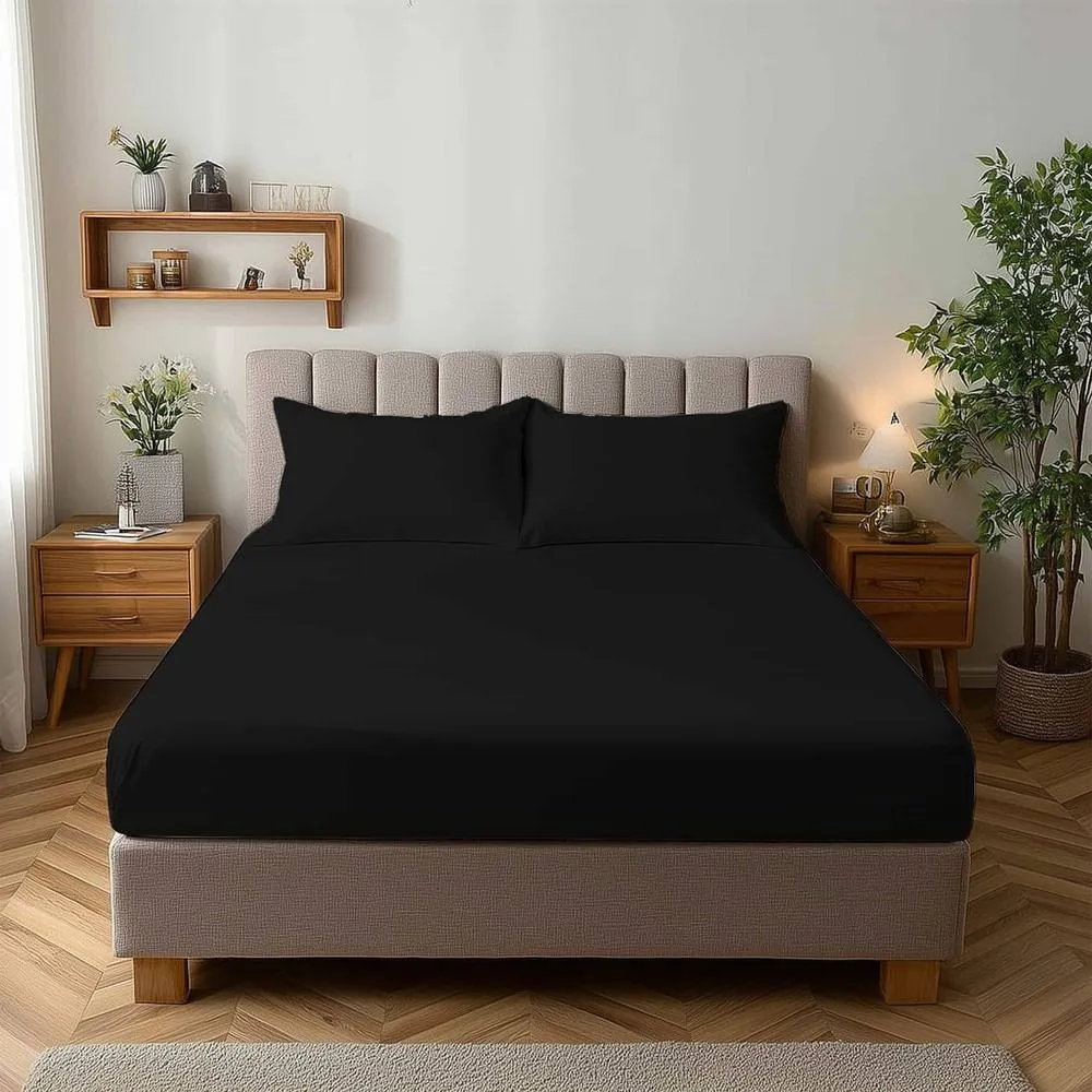 Snug City Microfibre Soft Touch Fitted Sheet 25cm Skirt Plain Dyed Bed Linen in Black