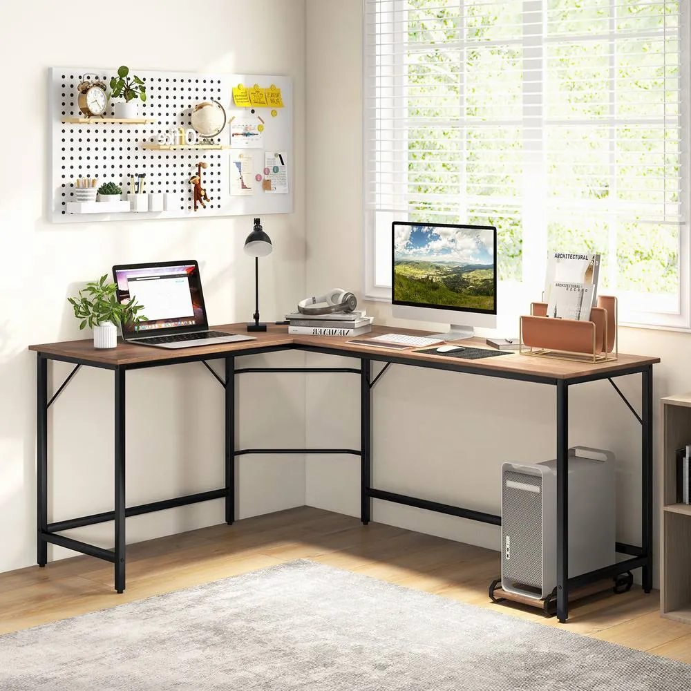 Costway L Shaped Home Office Desk Computer Corner Desk Gaming Table with CPU Stand in Natural 3