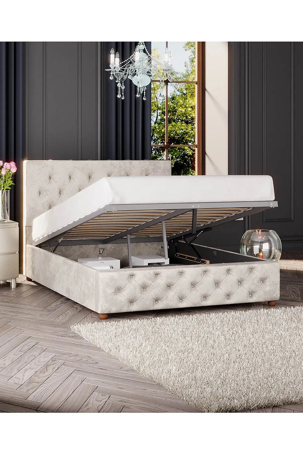 Laurence Llewelyn-Bowen Luna Ottoman Storage Bed in Mirazzi Velvet Fabric, Custom Made in Ivory 2