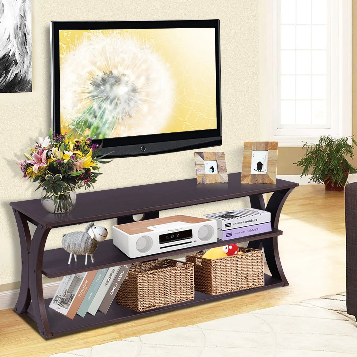 Costway 3-Tier TV Stand Media Console Table Modern Storage Cabinet for TVs up to 45" in Dark Brown 4