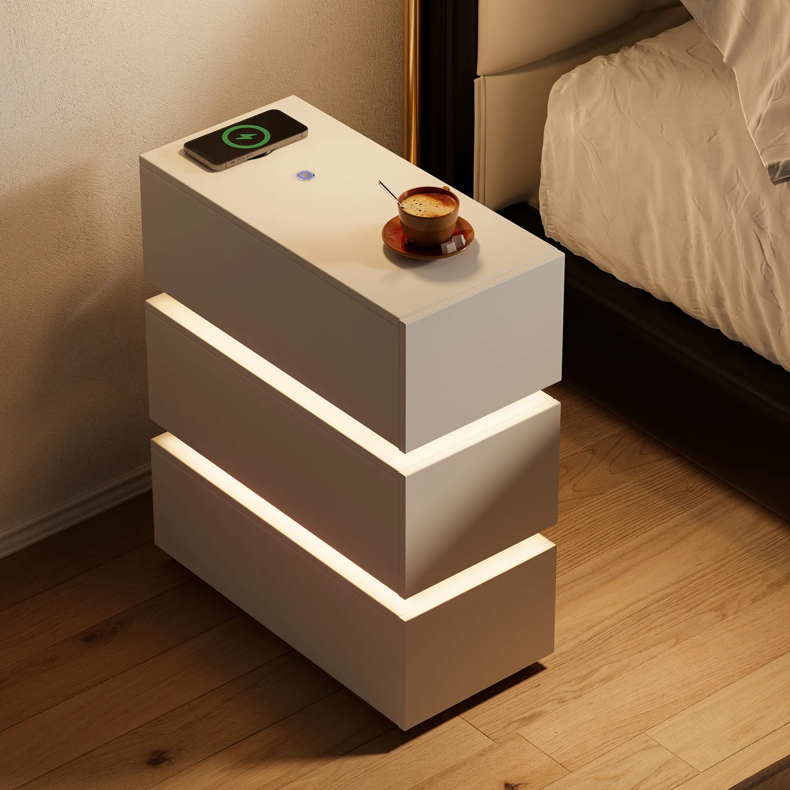 Narrow Smart 3-Drawer Bedside Table with Charging Station Bedside Table with Light in White