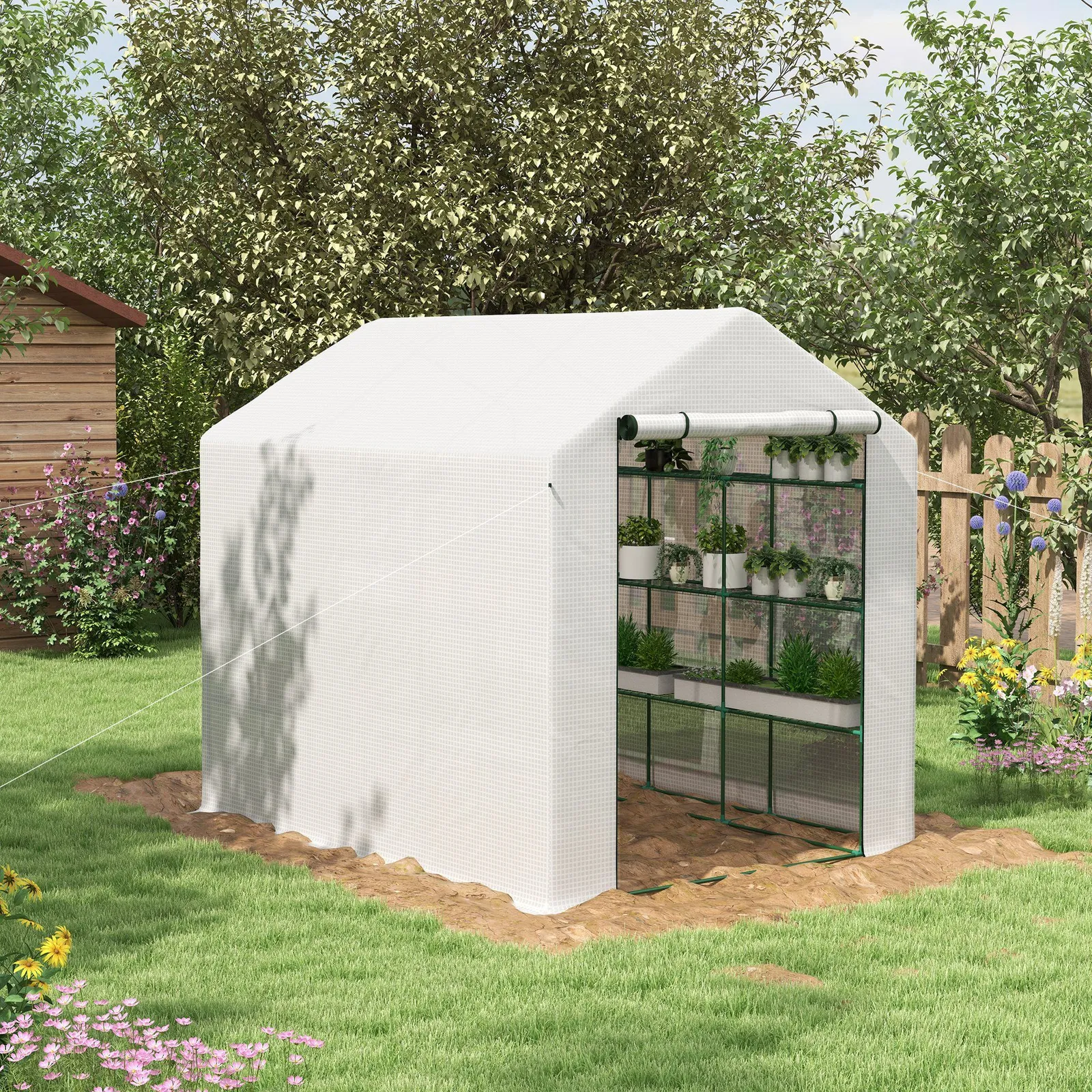 OUTSUNNY Walk-in Garden Greenhouse Shelves Polytunnel Steeple Grow House in White