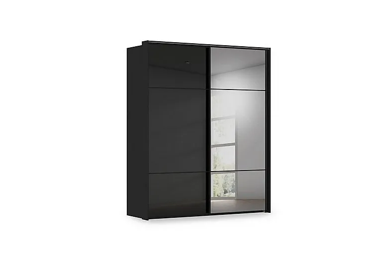 Haven 190cm 2 Door Slider Wardrobe with 1 Glass Door, 1 Mirror Door and Lights - Black Glass
