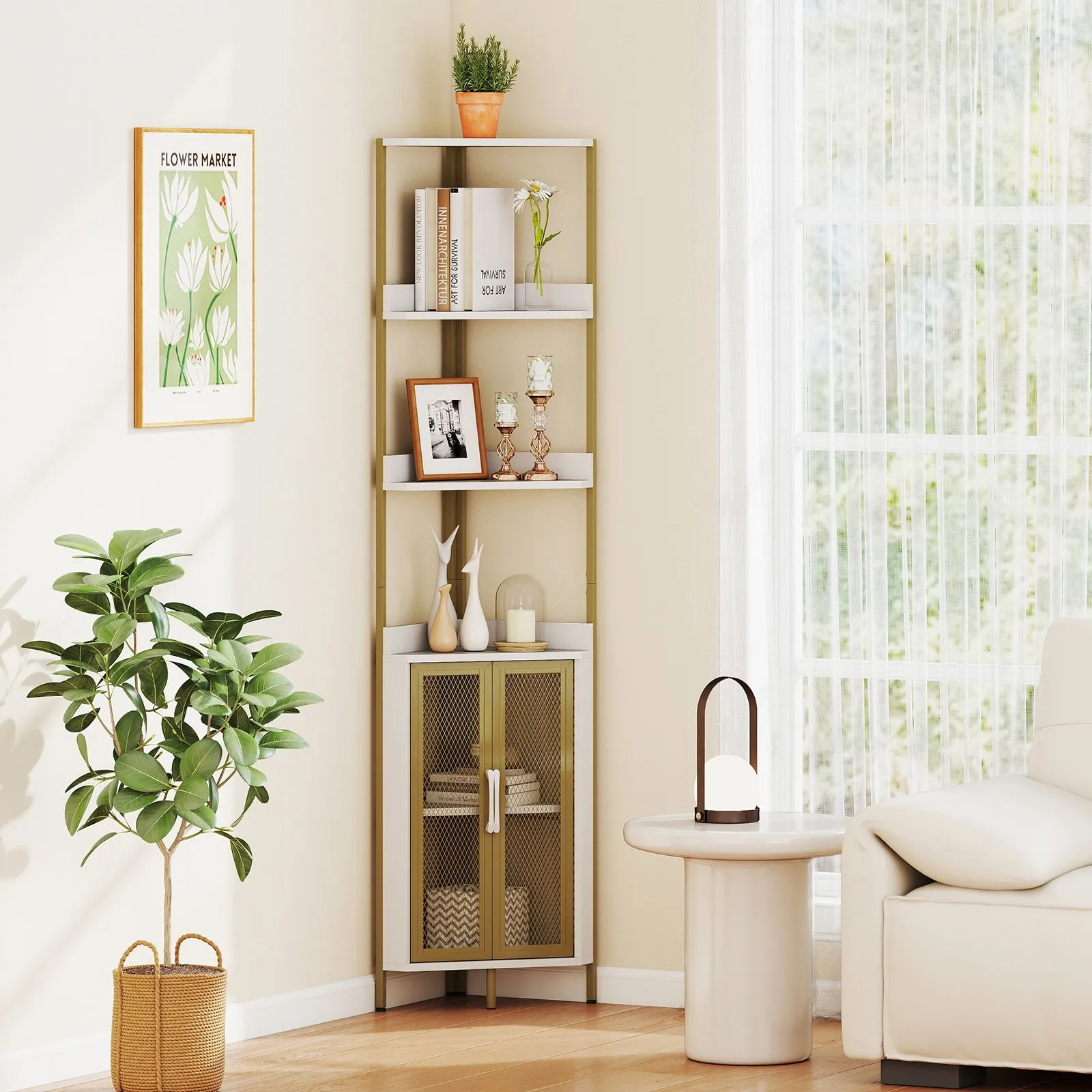 Costway 6-Tier Corner Shelf Industrial Bookcase Display Shelf w/ Cabinet in White 4