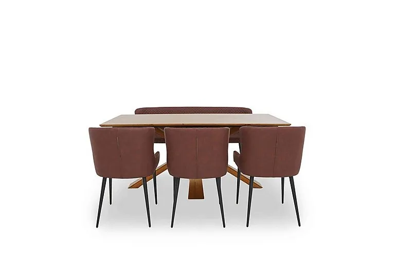 Hanoi Fixed Dining Table with Wooden Base and 3 Faux Leather Chairs and a Bench - Tan