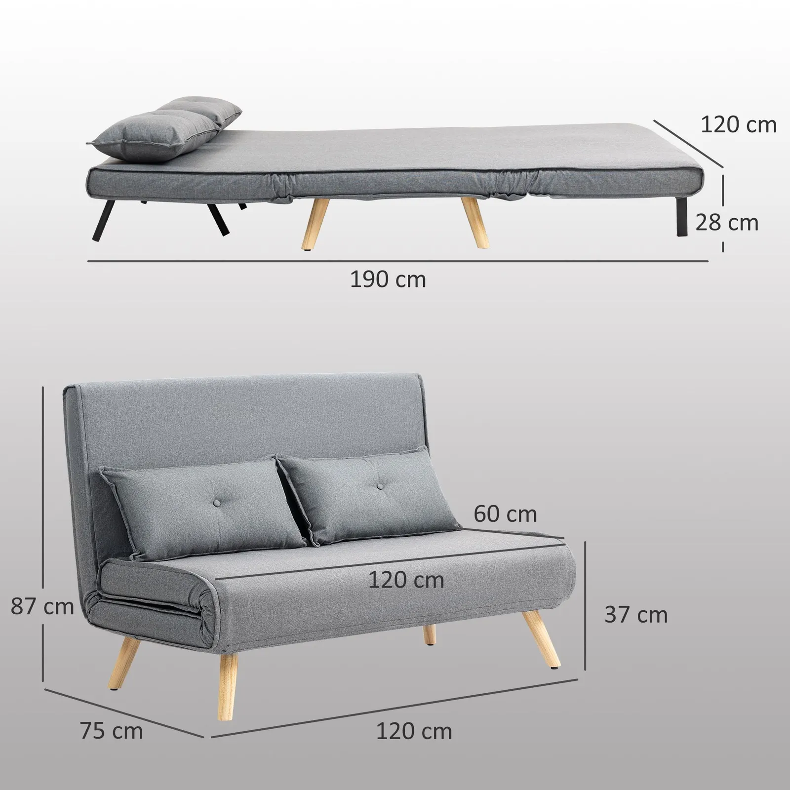 HOMCOM Click Clack Sofa Bed, 2 Seater Bed Settee for Living Room in Grey 3