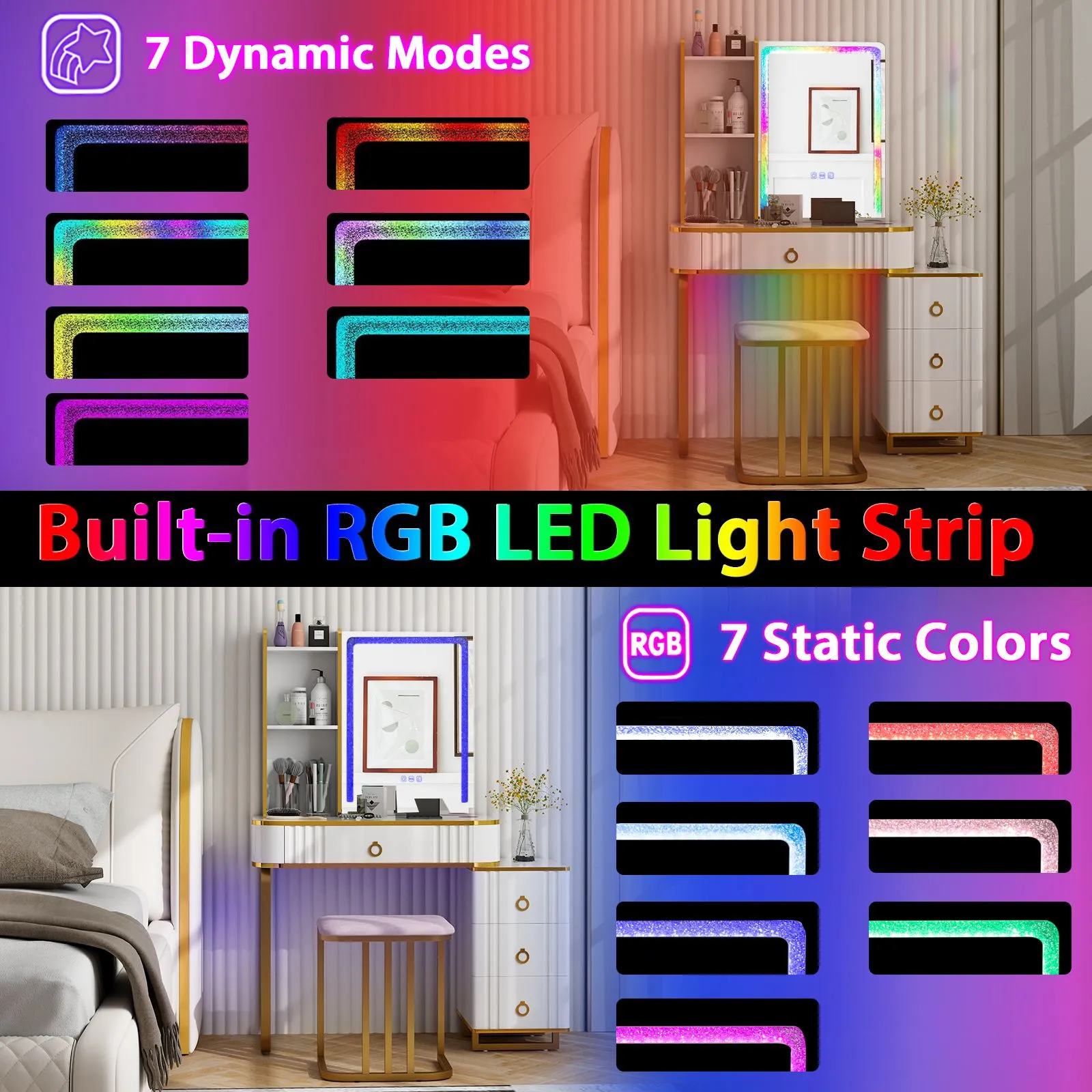 Costway RGB Vanity Table Set Bedroom Dressing Table w/ Mirror & Lights in White 4