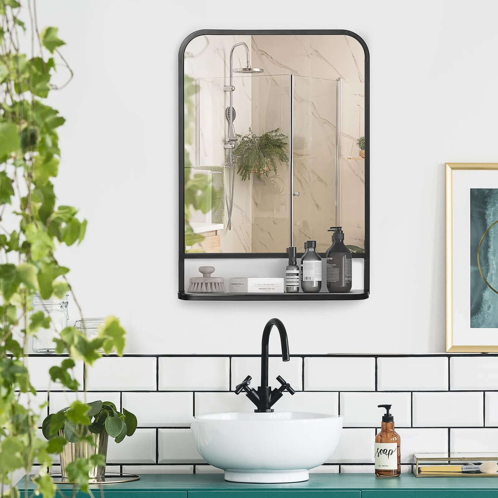 HOMCOM Square Wall Mirror with Shelf, 70x50 cm Modern Mirrors for Living Room, Bedroom in Black