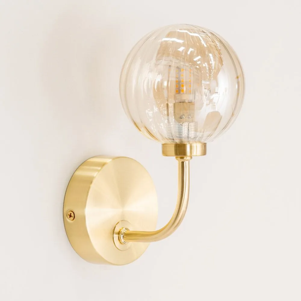 ValueLights Chessy Pair of Ribbed Glass Globe Shade Gold Stem Wall Lights & LED Bulbs 3