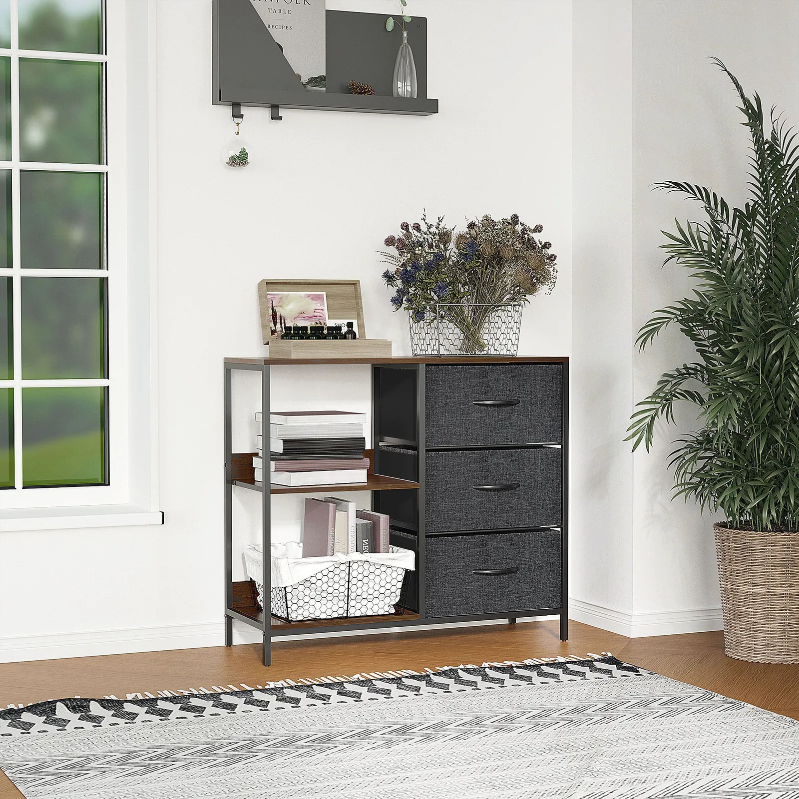 HOMCOM Cabinet Organizer 3 Drawer Chest Dresser Tower w/ 2 Shelves for Bedroom in Black