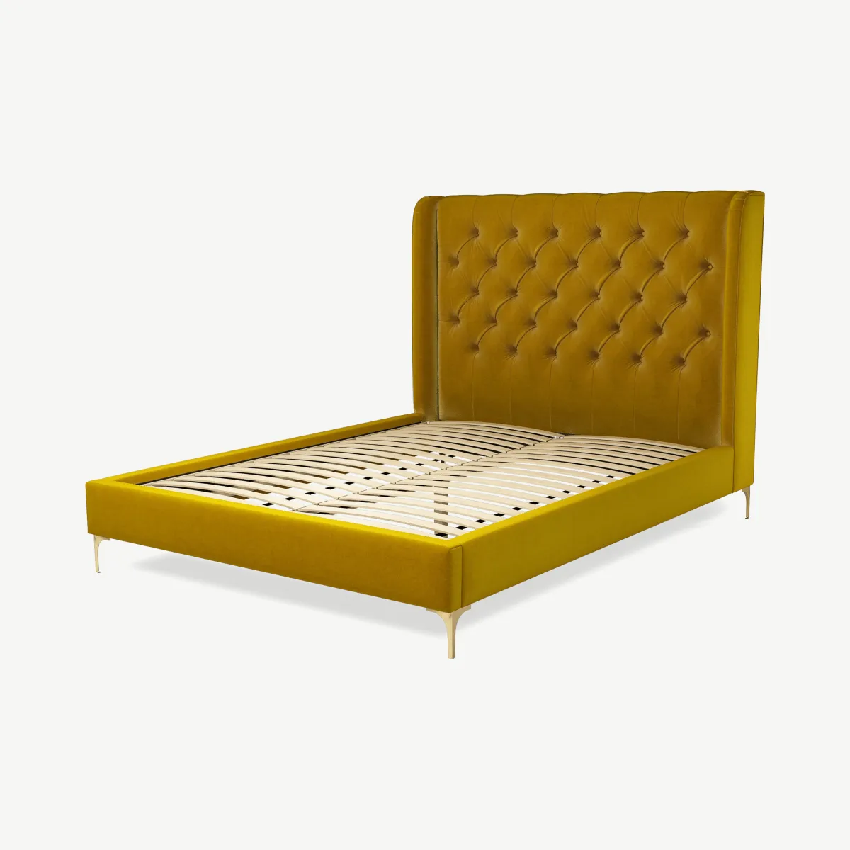 Romare King Size Bed, Saffron Yellow Velvet with Brass Legs
