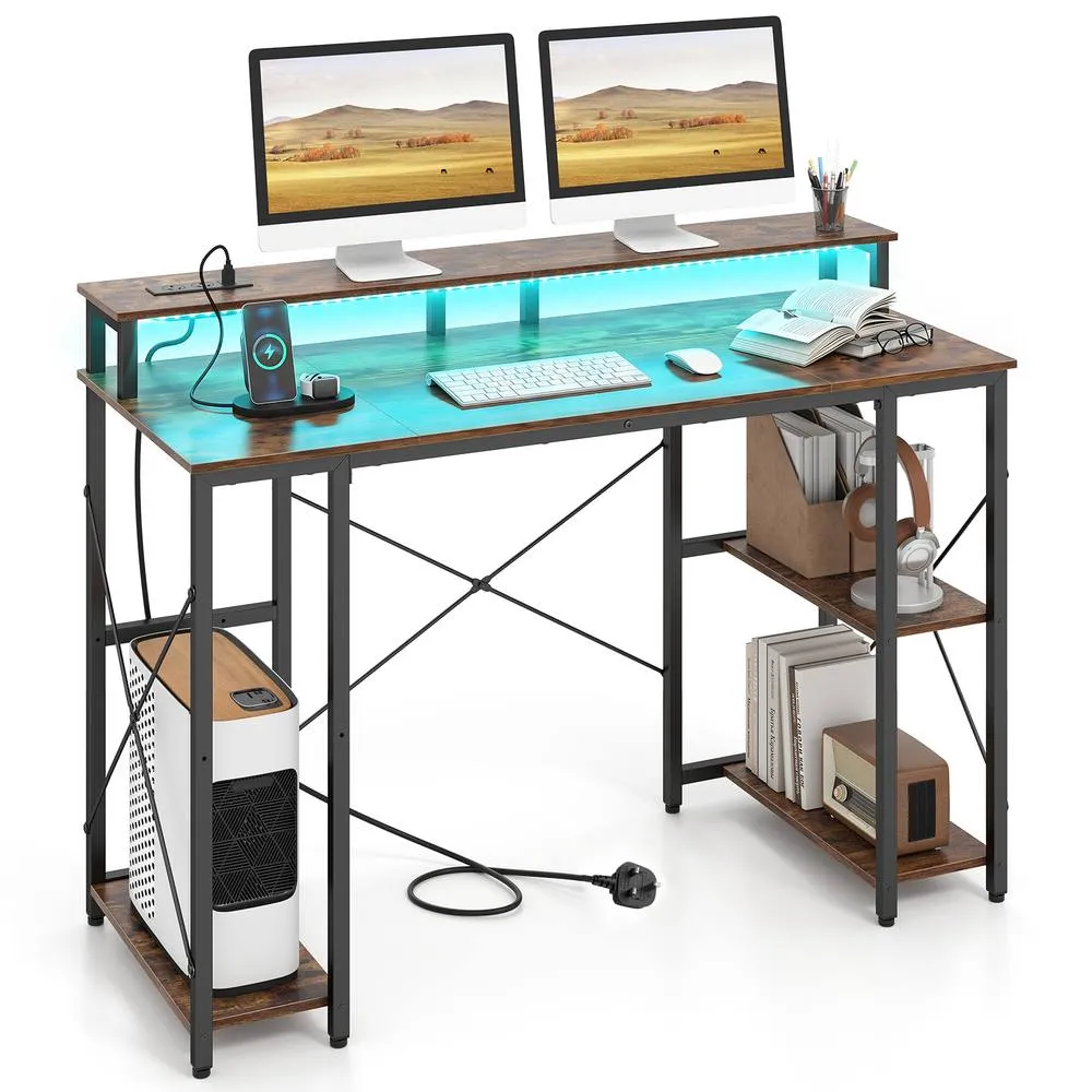 Costway 120cm Desk w/ Charging Station & LED Lights Gaming Table in Brown