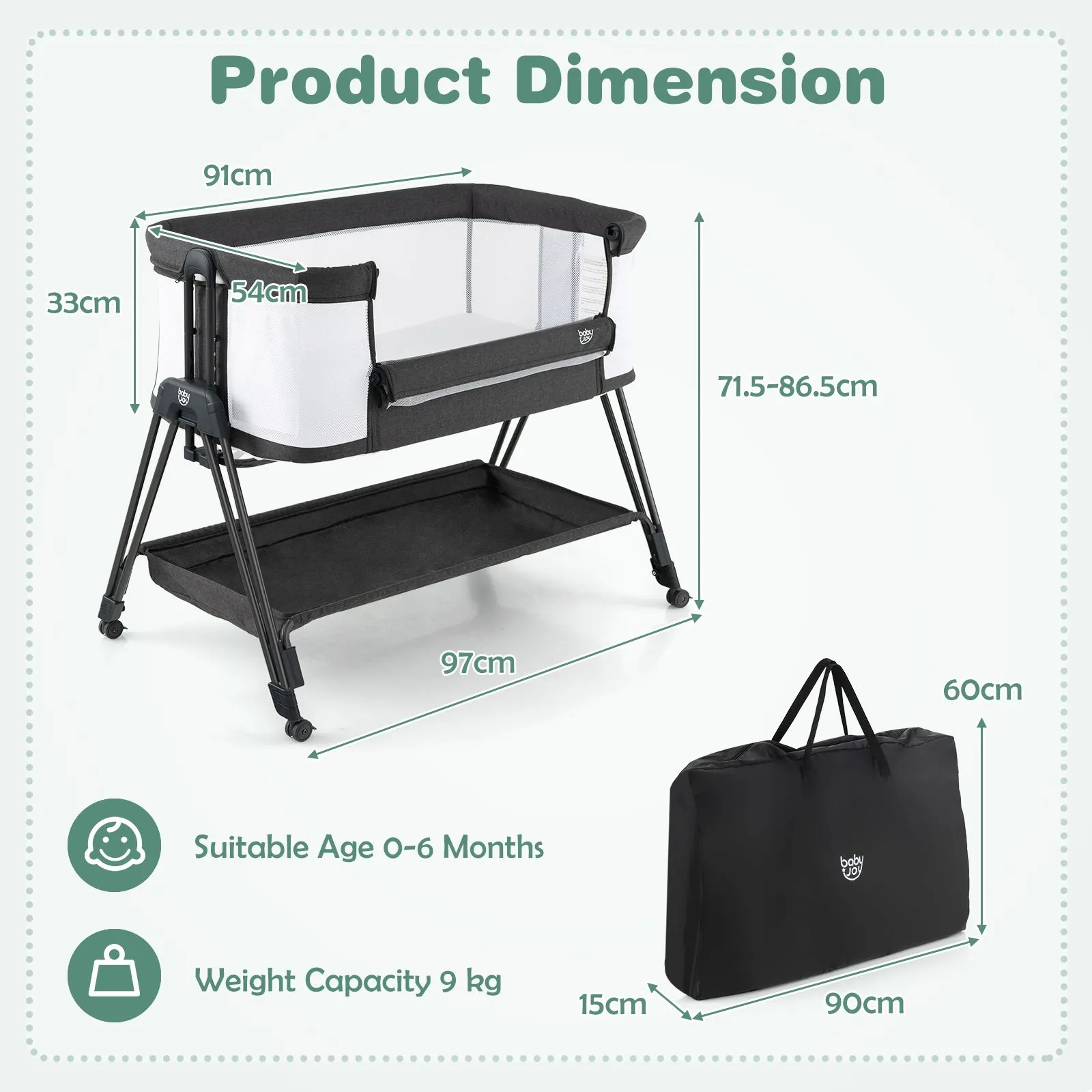 Costway Baby Bedside Crib Folding Sleeper Bassinet Cot Bed Portable 7 Adjustable Heights in Grey 4
