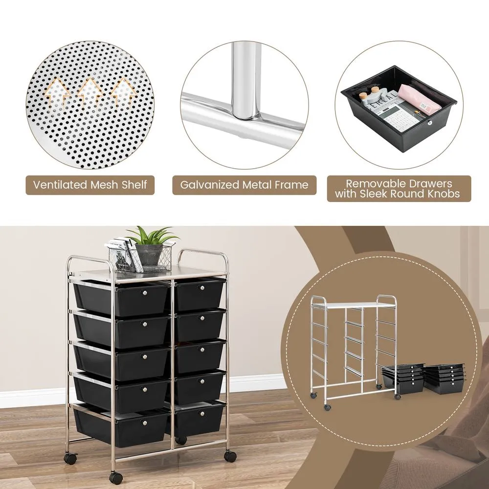 Costway 10 Drawers Storage Trolley Mobile Rolling Utility Cart Home Office Organizer in Black 4