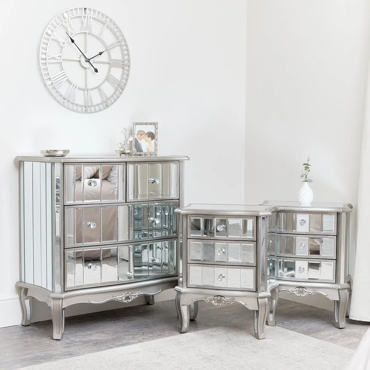 Melody Maison Silver Mirrored Chest Of Drawers & Pair Of 3 Drawer Bedside Tables - Tiffany Range