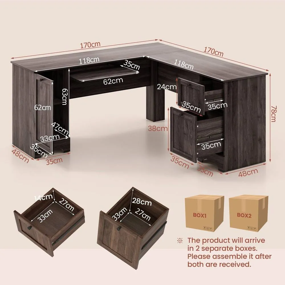 Costway L-Shaped Corner Computer Desk Study Workstation w/ Cabinet & Drawers in Dark Brown 2