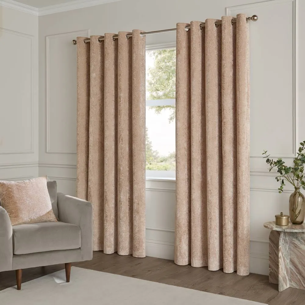 Paoletti Lustre Velvet Fully Lined Eyelet Curtain Pair in Nude 2