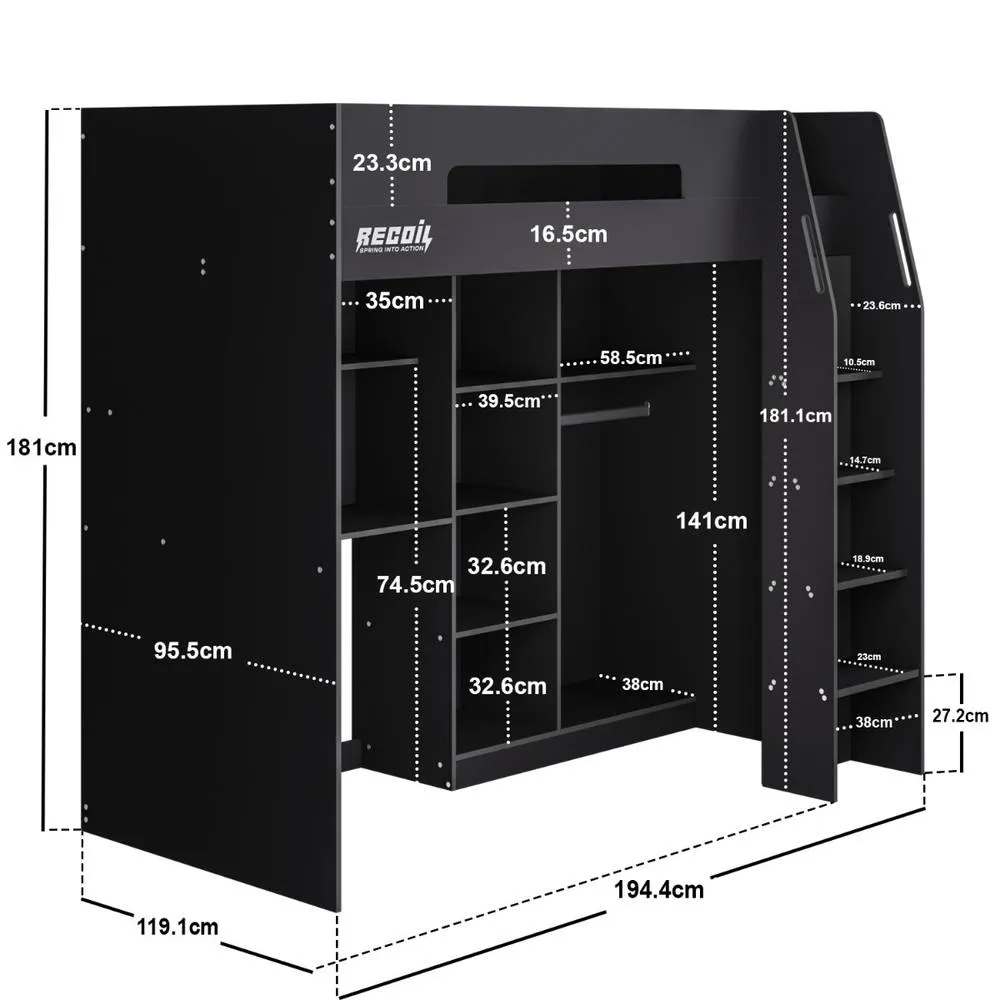 Flair Summit Gaming High Sleeper with Wardrobe Black in Grey 6