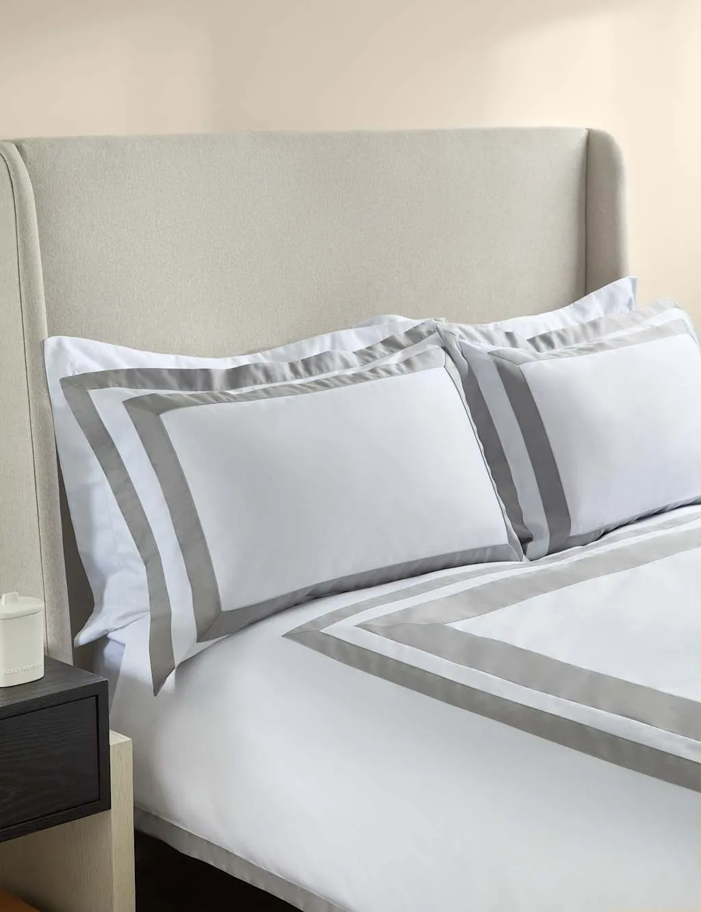 M&S X Kelly Hoppen Pure Cotton Double Border Bedding Set Grey/White