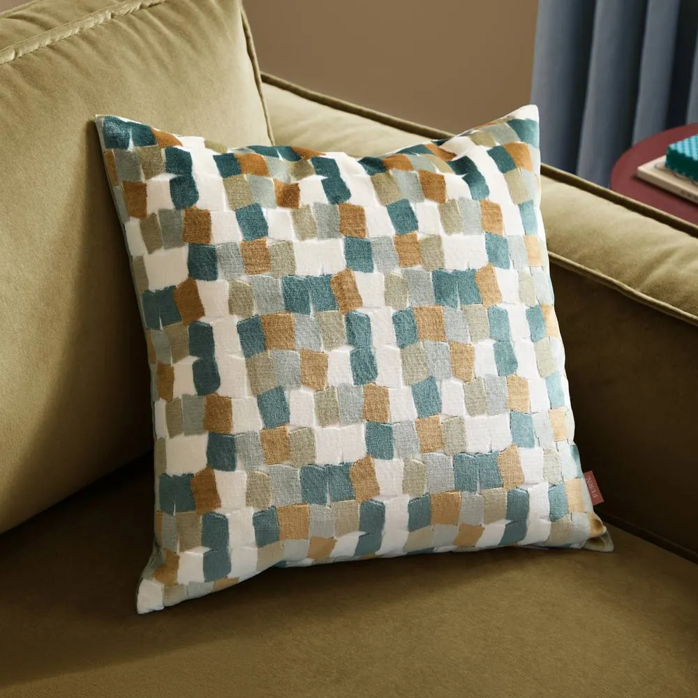 Furn Metro Blocks Velvet Jacquard Square Cushion in Green