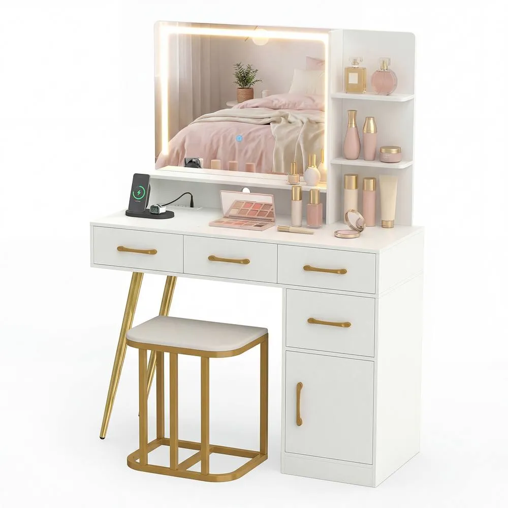 Costway Vanity Desk w/ Stool Makeup Dressing Table Set w/ LED Mirror in White 2
