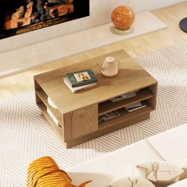 Costway Modern Coffee Table 86cm Long Rectangle Center Table w/ Shelves in Natural 4