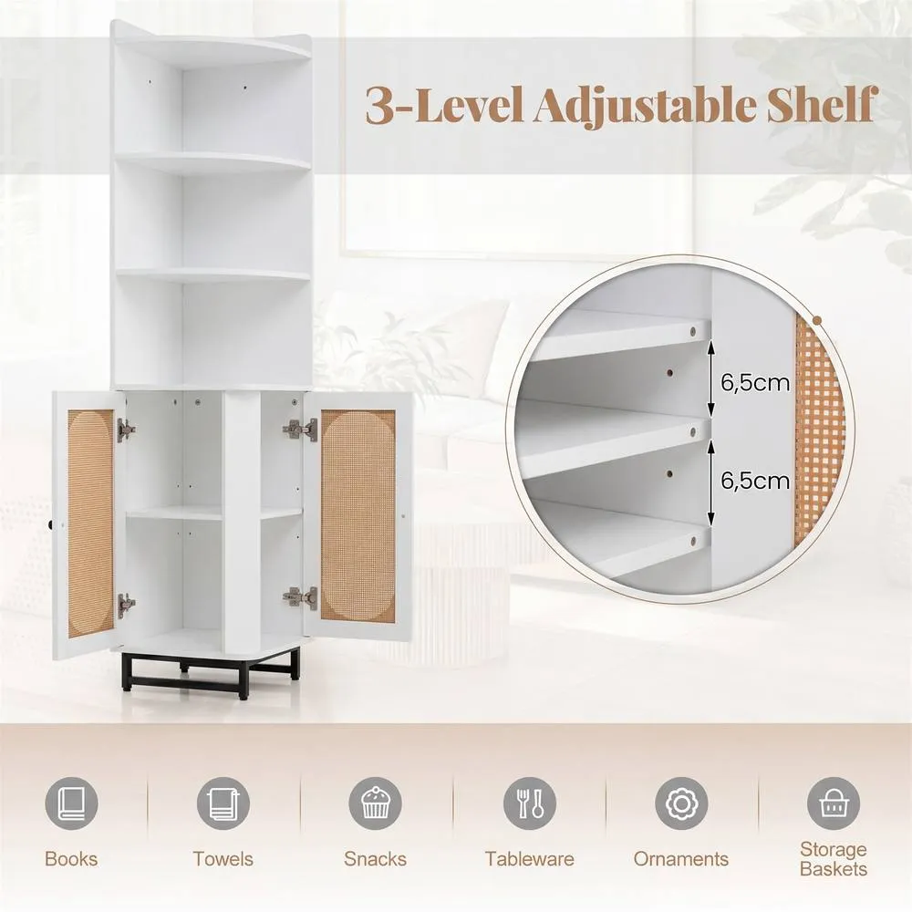 Costway PE Rattan Corner Cabinet 172cm Tall Corner Bookcase w/2 Doors &Shelves in White 5