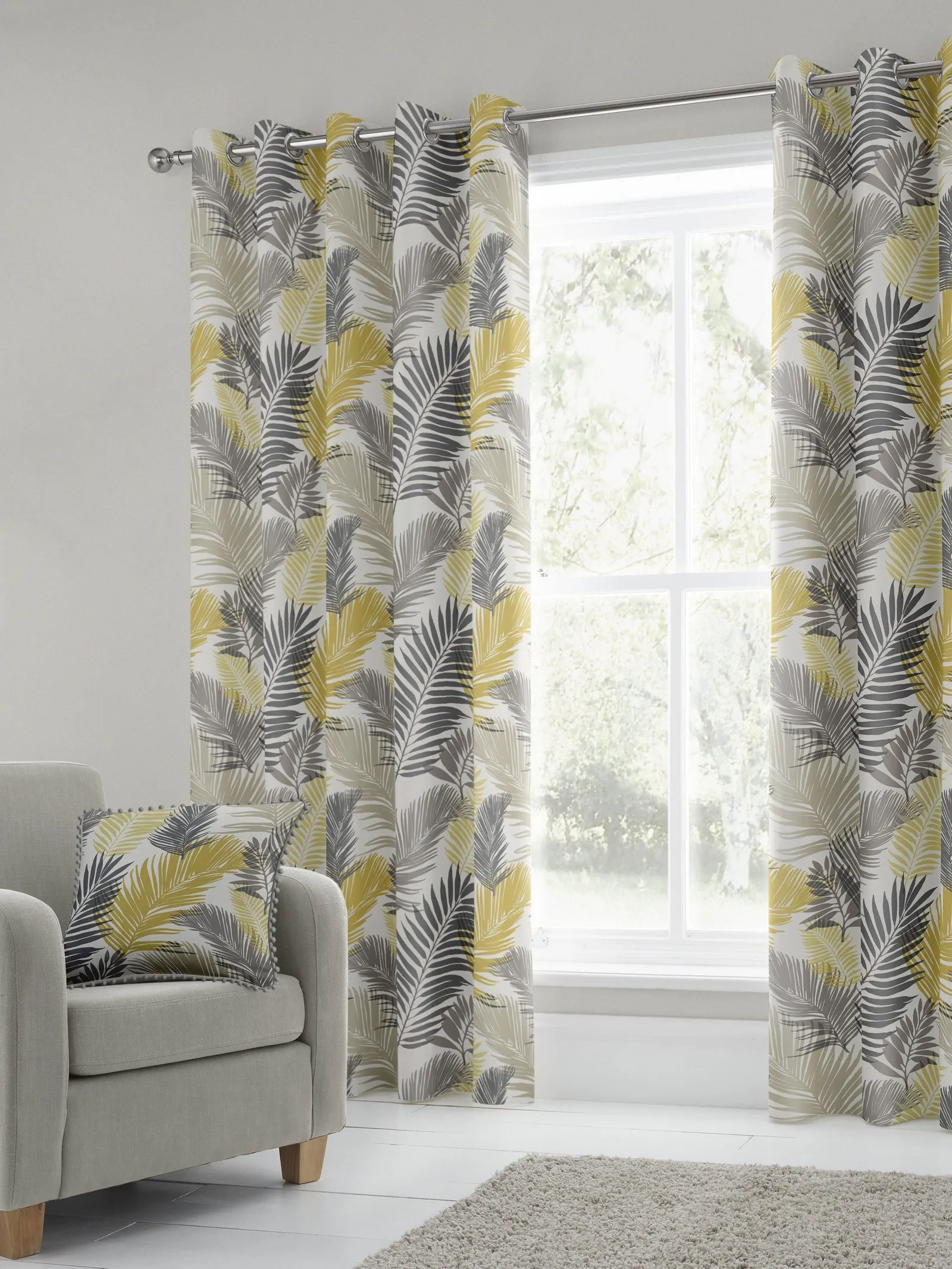 Fusion 'Tropical' Exotic Palm Leaf Print 100% Cotton Eyelet Curtains in Yellow 1