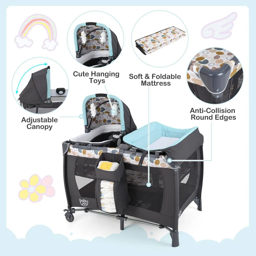 Costway Foldable Pack &Play Portable Baby Playard w/Rocking Bassinet&Music Box in Blue 4
