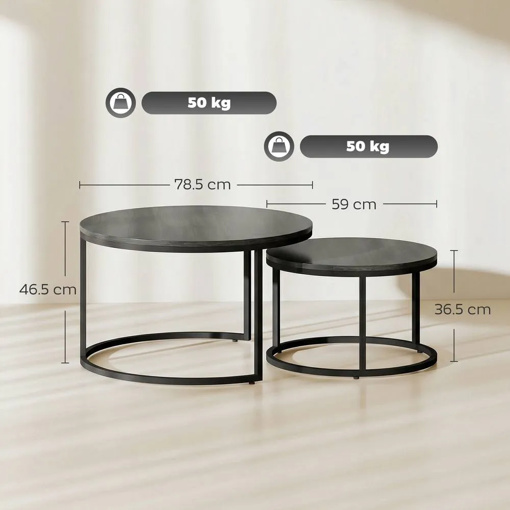 HOMCOM 2 Pcs Stacking Coffee Table Set Steel Frame, Black Wood Grain 3