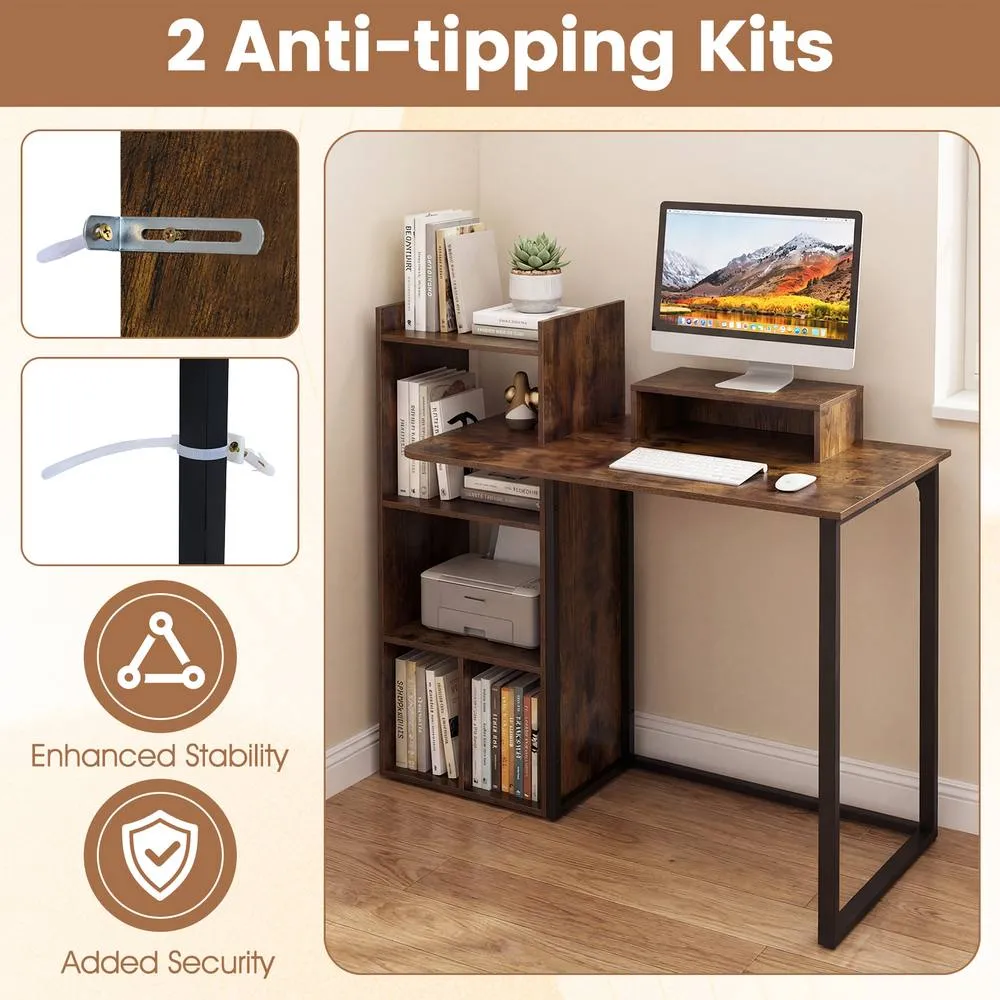 Costway 110CM Computer Desk Study Desk w/ Monitor Stand & Charging Station in Brown 6