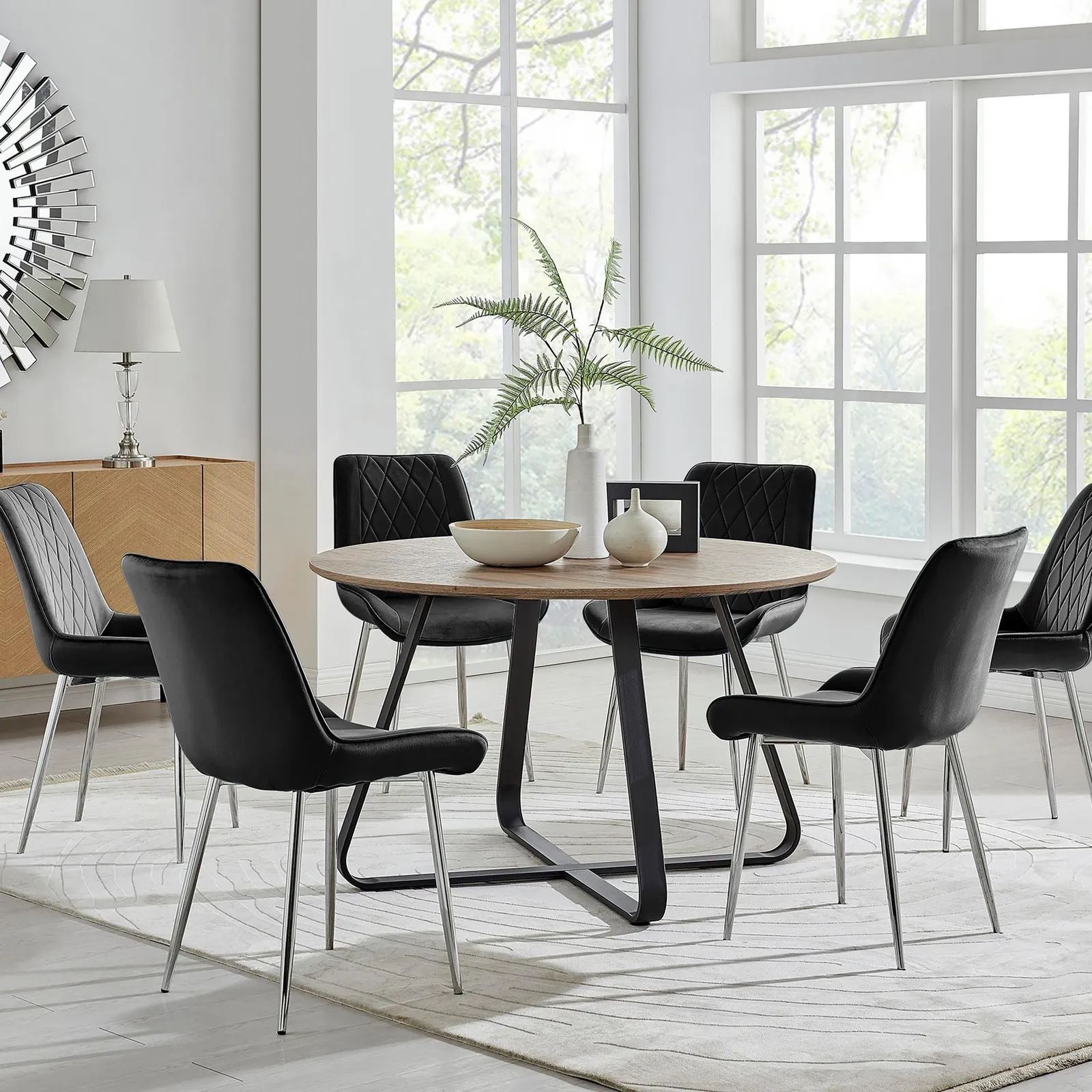 FurnitureboxUK Santorini Brown Round Dining Table & 4/6 Pesaro Silver Leg Chairs in Black 1