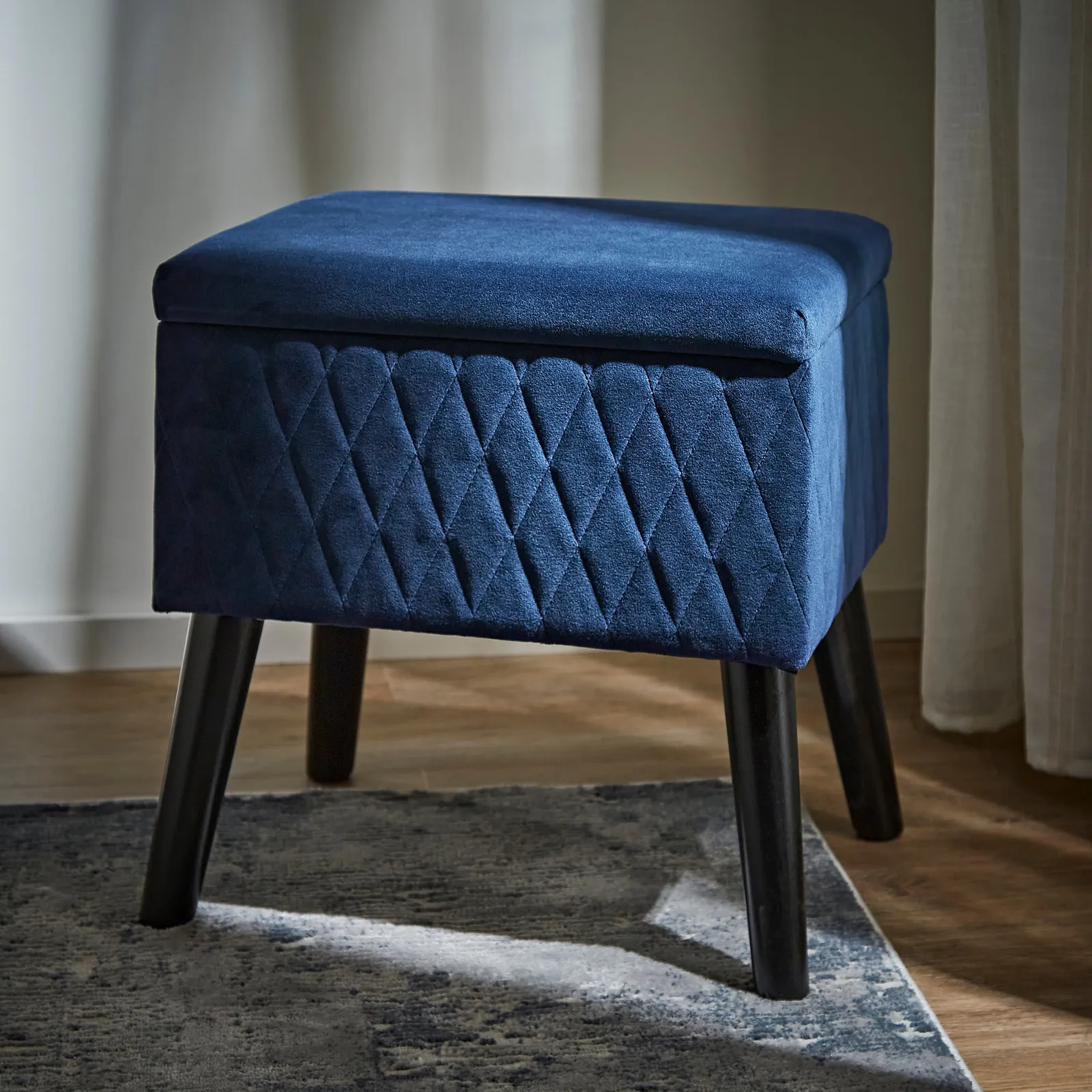 Alex Quilted Storage Footstool Navy Blue