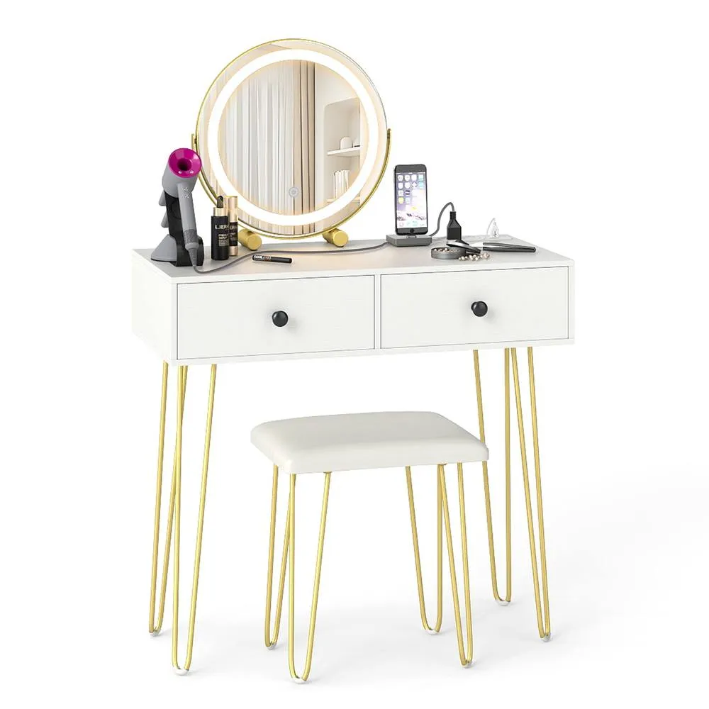 Costway Vanity Set w/Mirror & Lights Dressing Table & Stool w/Charging Station in White