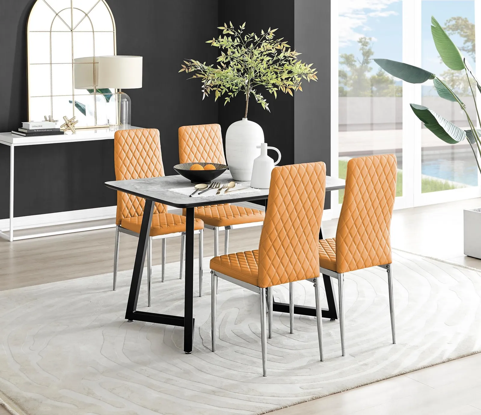 FurnitureboxUK Carson White Marble Effect Dining Table & 4 Milan Chrome Leg Chairs in Mustard 1